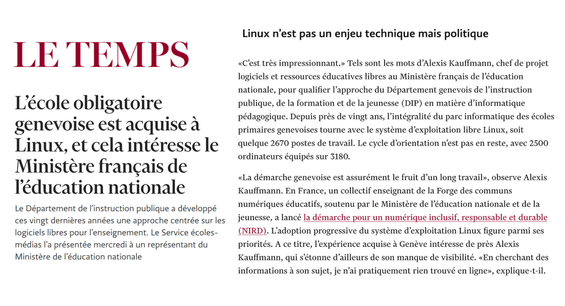 Extrait de l’article du Temps (17 novembre 2025).