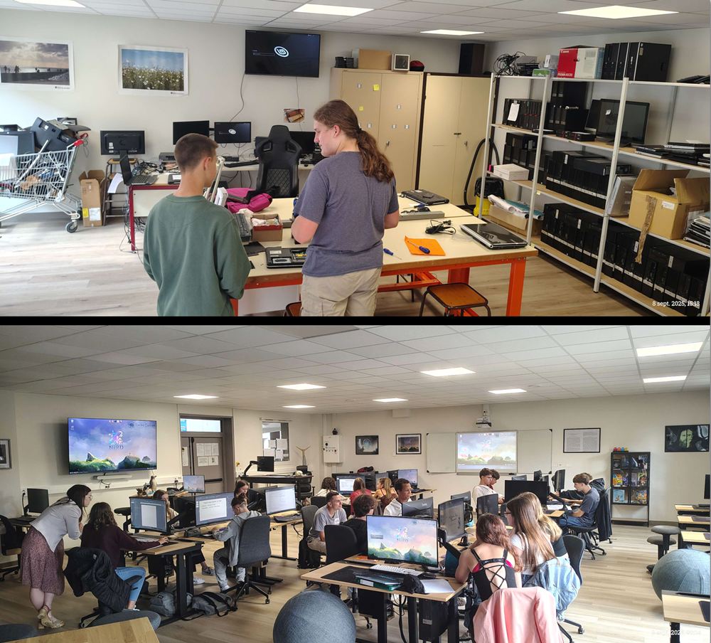 Au  L’atelier de reconditionnement du lycée Carnot géré de manière autonome par les élèves dans le cadre du club-info - En  Une salle informatique entièrement équipée avec des postes sous système d’exploitation libre (Linux Mint).
