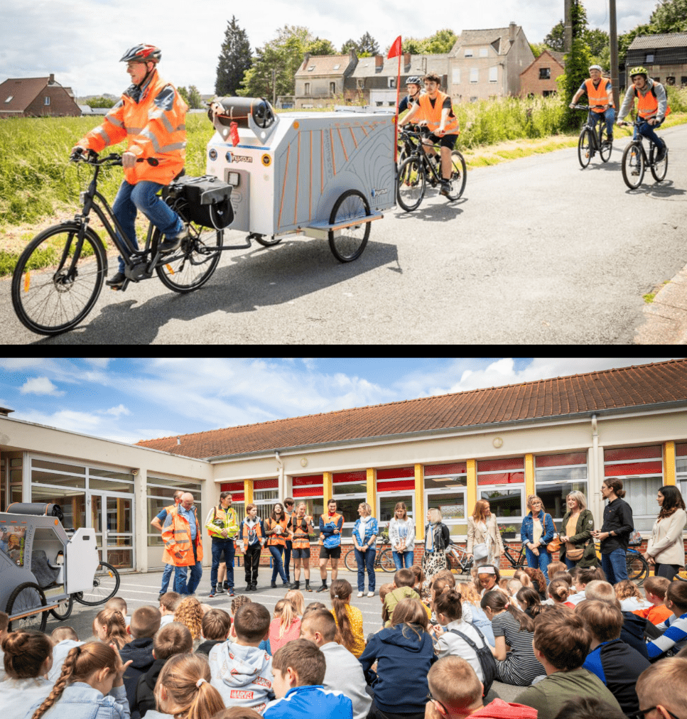 Livraison à vélo de PC PrimTux reconditionnés par les élèves du lycée Carnot à une école de leur bassin territorial.